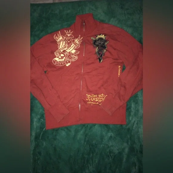 Ed-Hardy Sweater Jacket Large Zip- Up Skull Dragon Burgundy Christian- Audigier - Picture 2 of 3